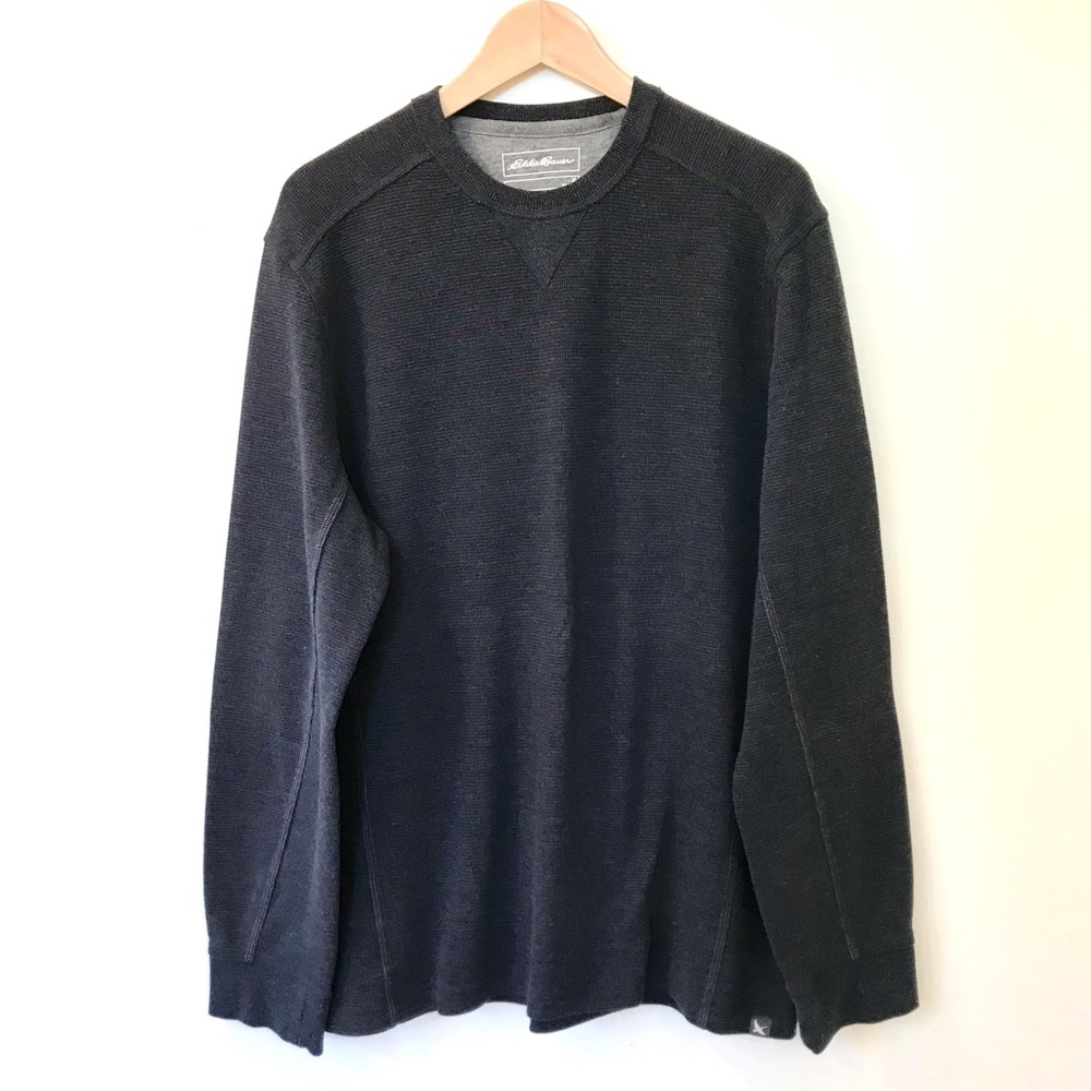 EDDIE BAUER Waffle Shirt Charcoal Crew Neck Long Sleeve Side Panels XL - Picture 2 of 11